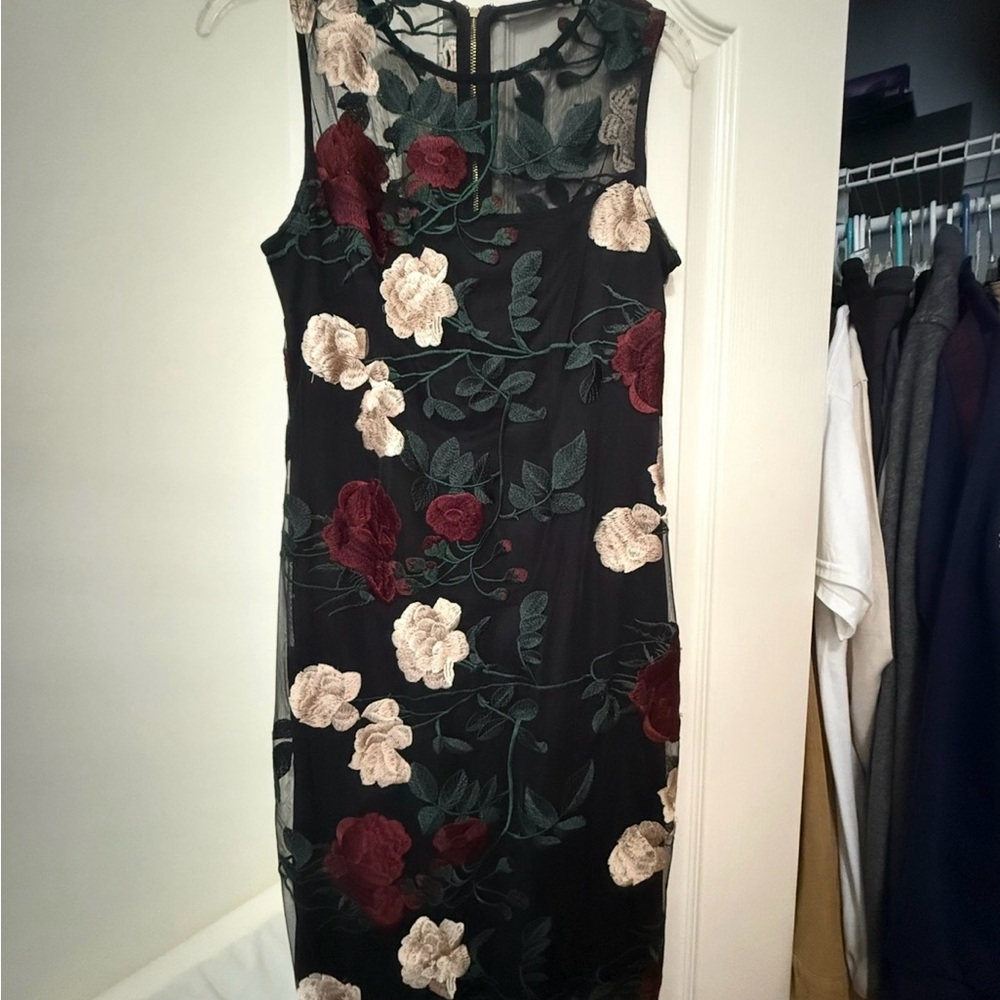 Floral Embroidered Black Sheath Dress - Burgundy & Cream